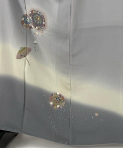 付下げ 身丈162cm 裄丈66cm M 袷 落款あり 番傘 桜 ぼかし 灰紫 正絹 優品 中古